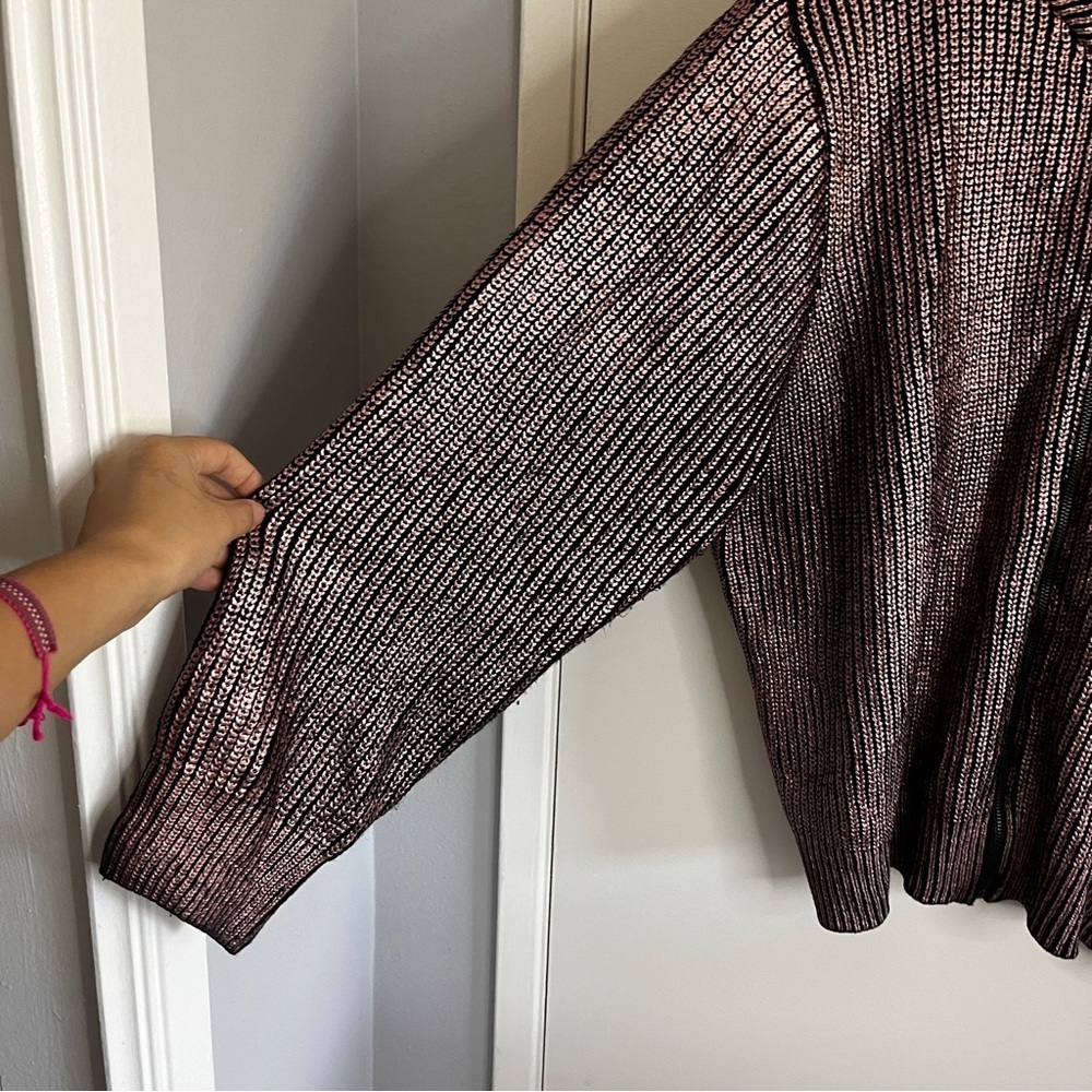 City Chic Black Metallic Rose Gold Brushed Chunky Knit Zip Up Cardigan Sweater - Picture 5 of 7